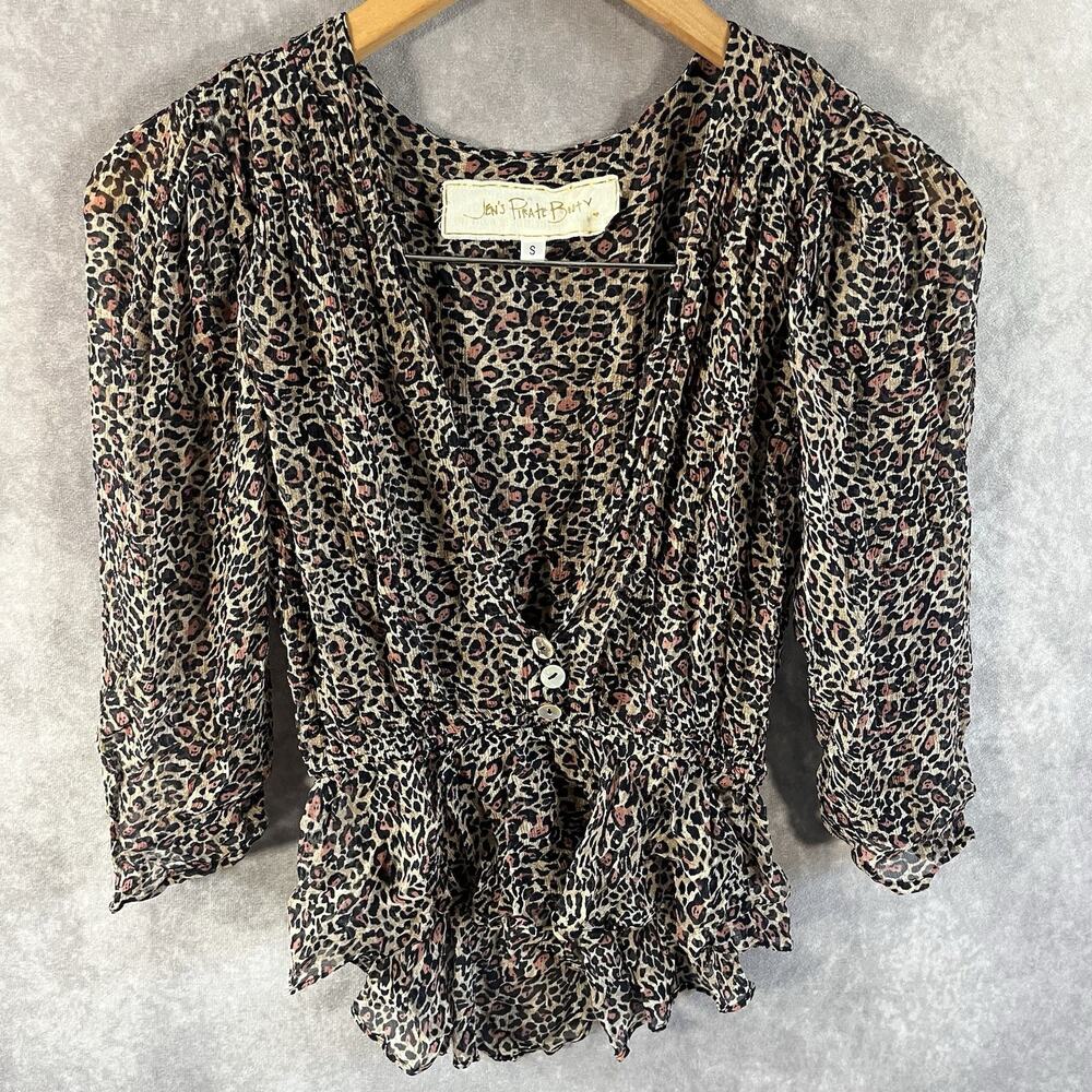 Jen's Pirate Booty Peplum Top Women Small Tan Leopard Print Ruffle V-Neck Boho